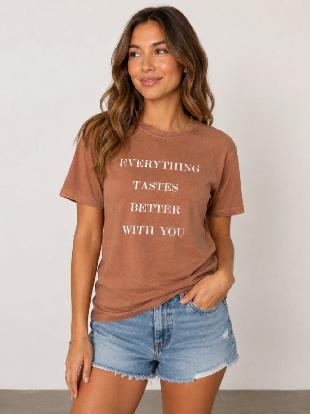 Dusty Rose “Everything Tastes Better With You” Graphic Crewneck T-Shirt, S